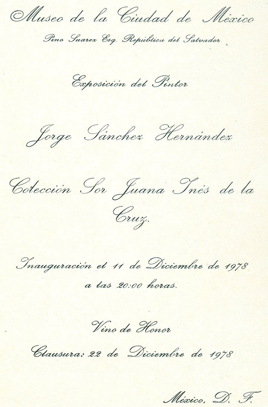 Invitación impresa a la exposición de la colección Sor Juana Inés de la Cruz, con el vino de honor y la fecha de clausura