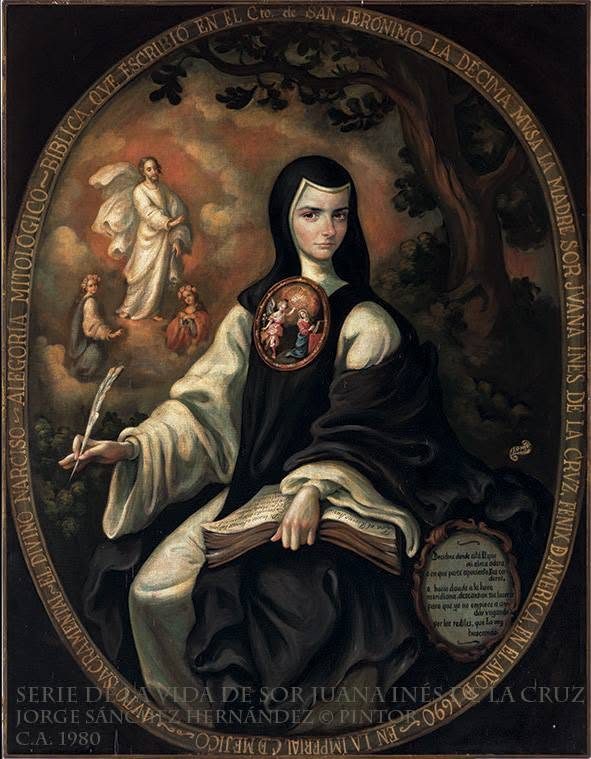 Sor Juana sentada con un libro abierto sobre las rodillas y, al fondo a la izquierda, una aparición entre nubes