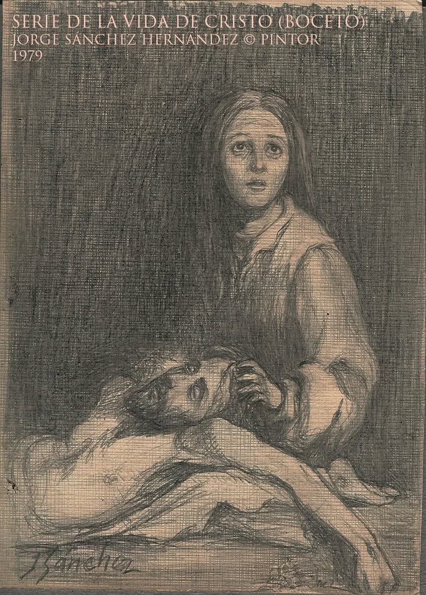 Dibujo a carboncillo de una mujer sosteniendo el cuerpo de Cristo tendido, firmado abajo a la izquierda