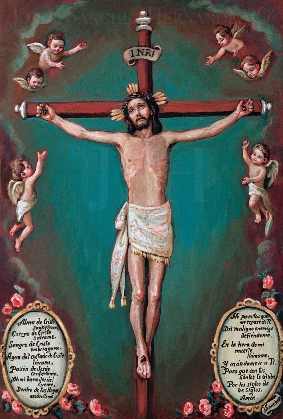 Cristo en la cruz sobre fondo turquesa, con querubines alrededor y dos cartelas de texto entre rosas al pie