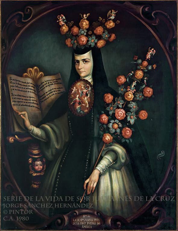 Retrato ovalado de Sor Juana con un libro abierto sobre un atril, rodeado por una orla de flores y frutas