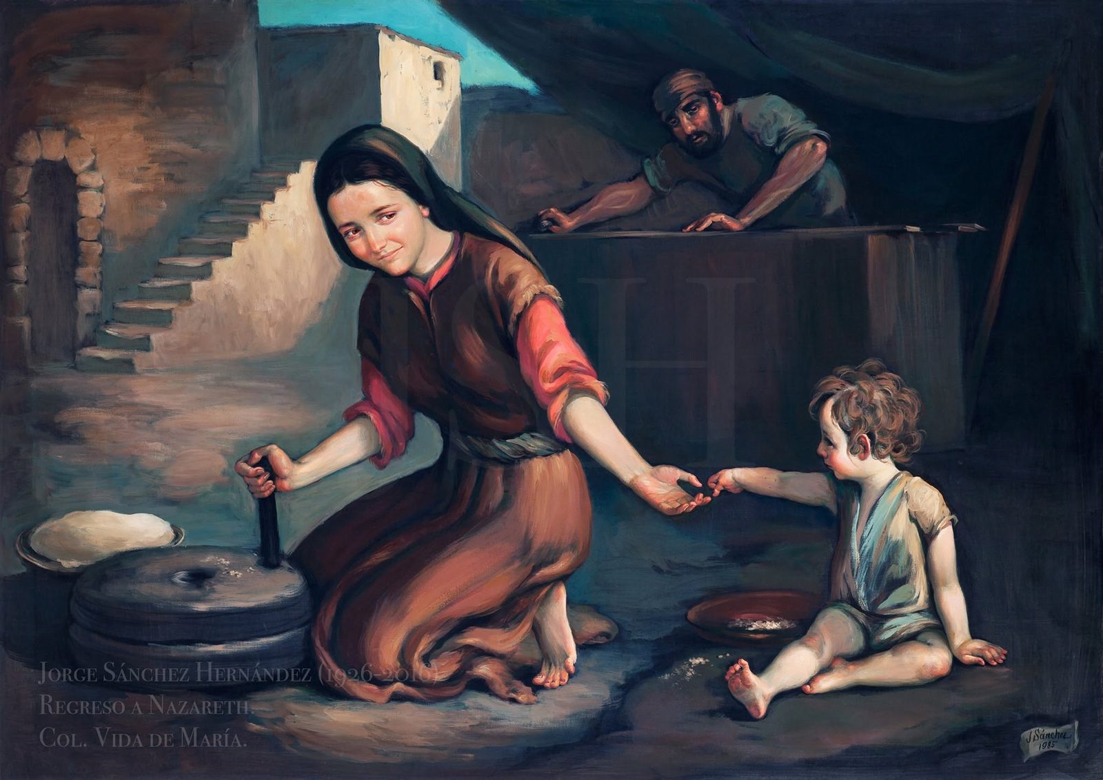 María moliendo en un metate en el suelo, el niño sentado frente a ella y José trabajando la madera al fondo