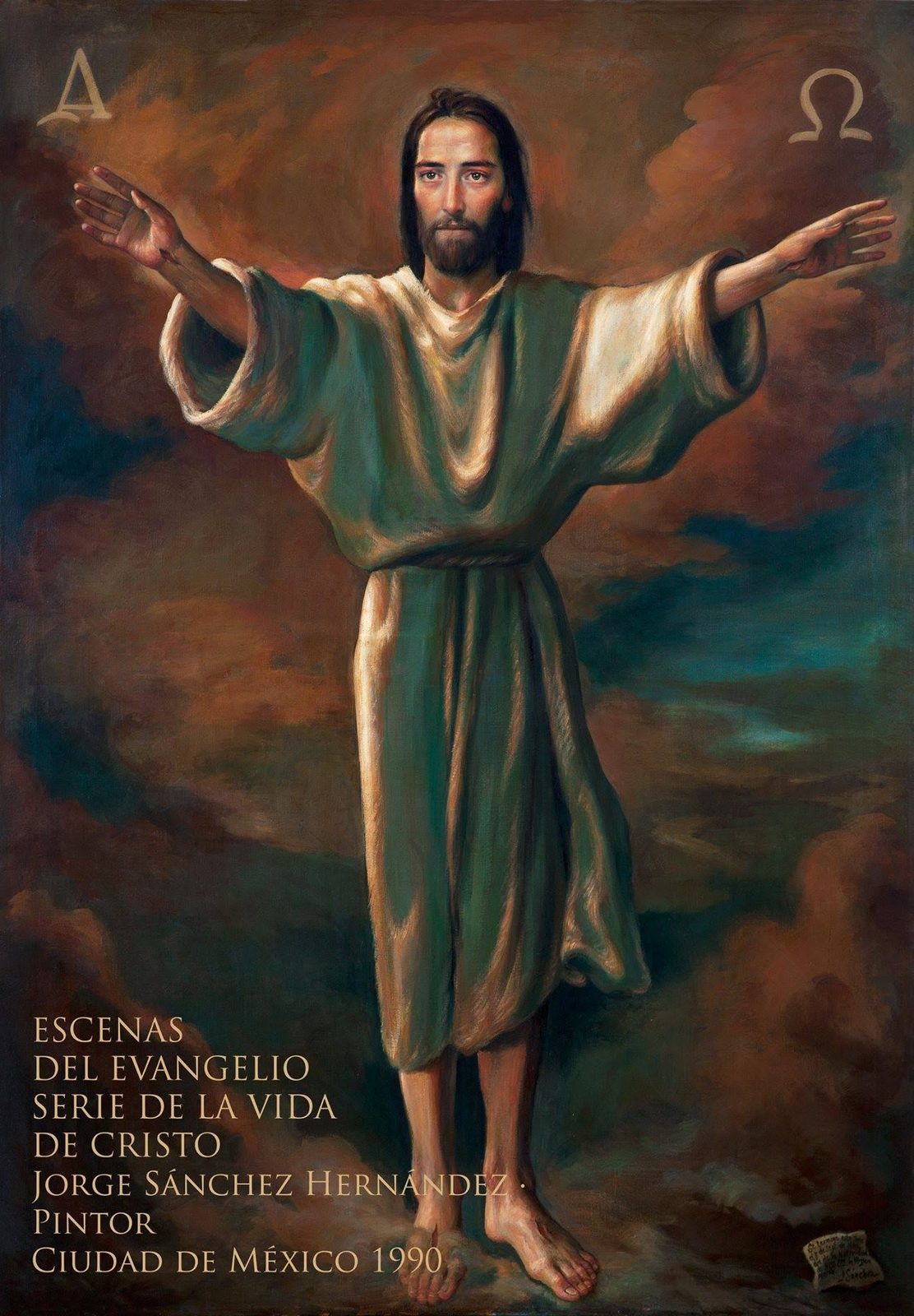 Cristo de pie con túnica verde y los brazos abiertos, con las letras alfa y omega a los lados de la cabeza
