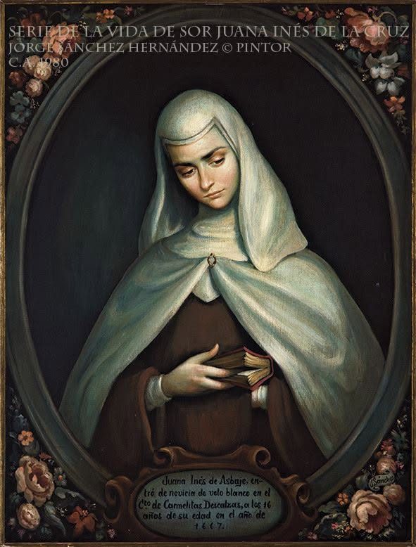 Monja de hábito claro y velo blanco con un libro cerrado entre las manos, dentro de un óvalo de flores