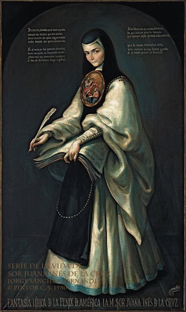 Sor Juana de pie sobre fondo negro con el hábito blanco, la pluma en alto y bloques de texto manuscrito a ambos lados