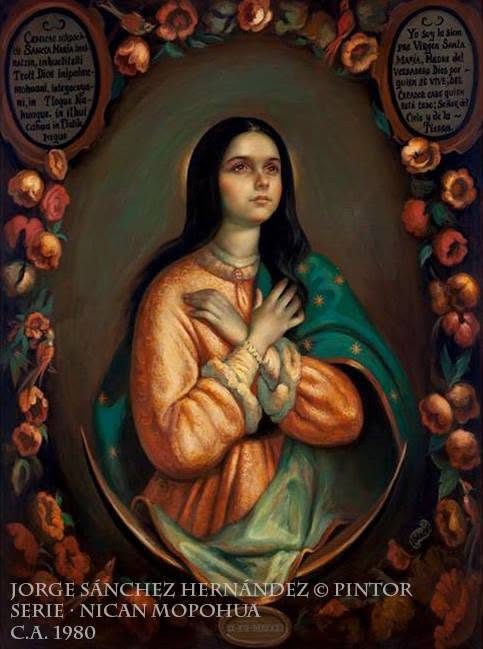 Retrato de medio cuerpo de la Virgen con las manos juntas sobre el pecho, encerrado en un óvalo oscuro con orla de flores y fruta