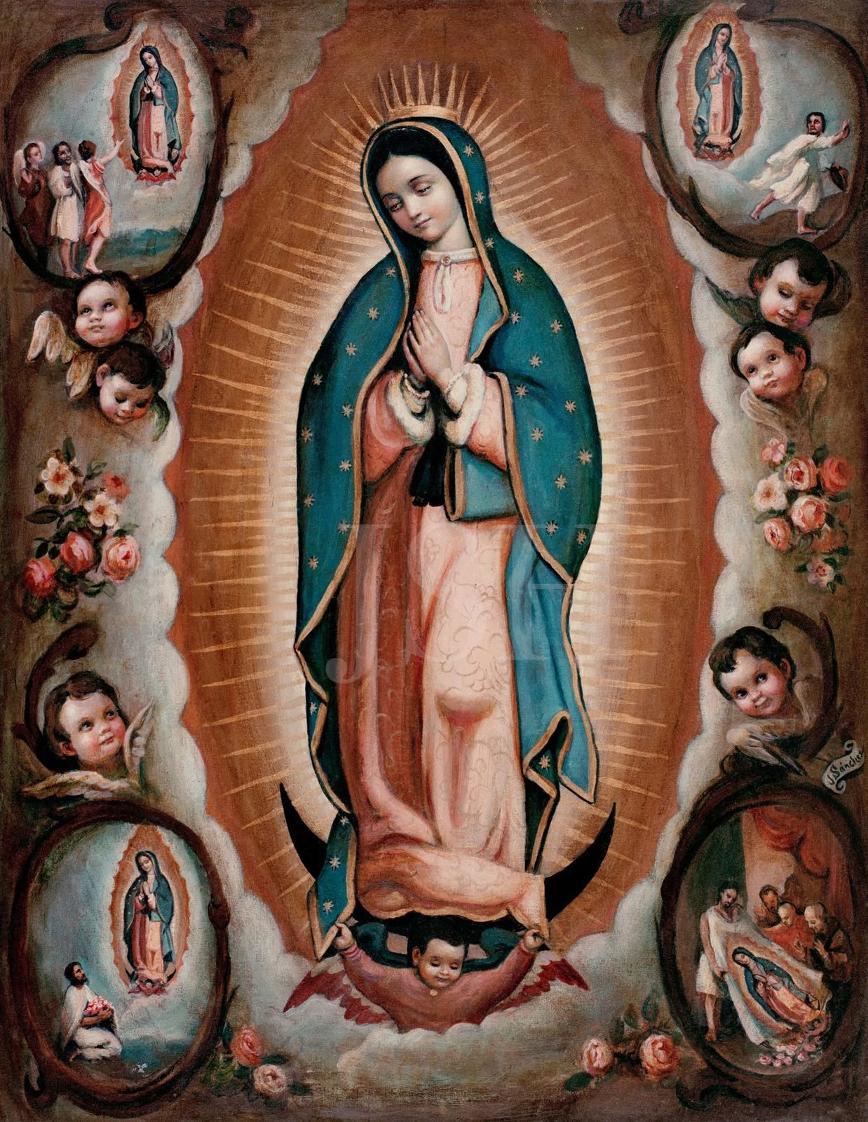 La imagen central de Guadalupe rodeada por cuatro medallones ovalados con las escenas de las apariciones y querubines entre flores