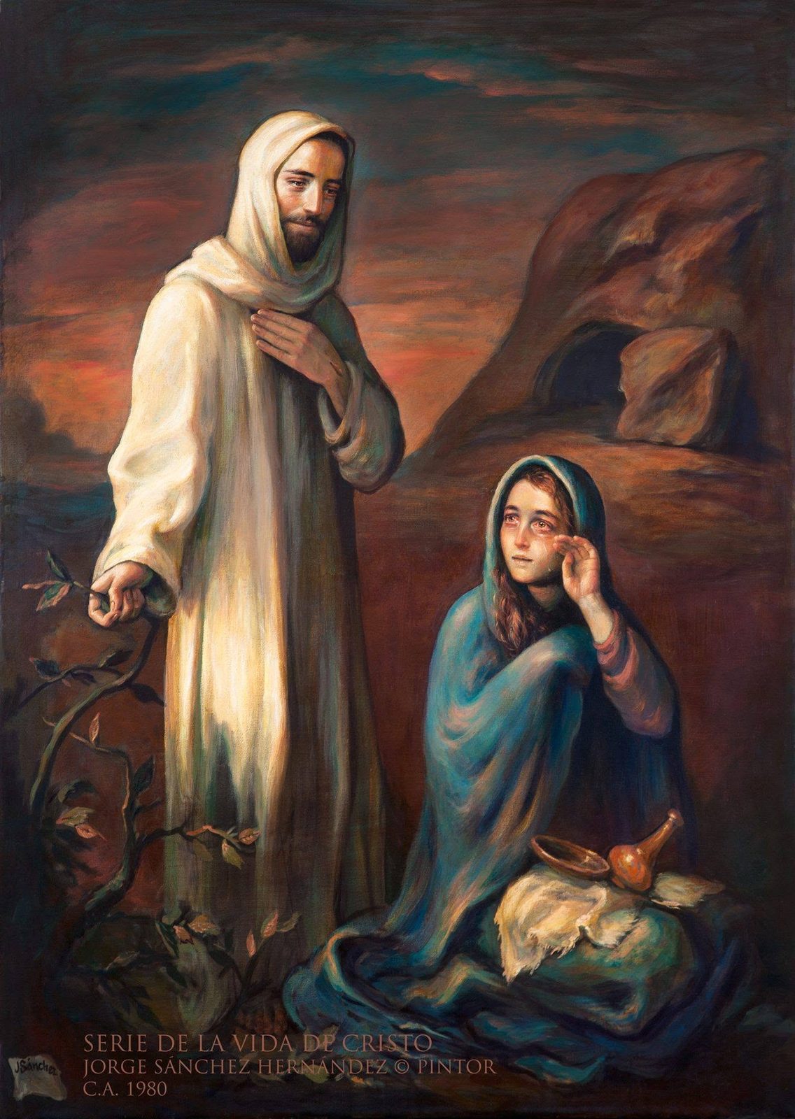 Cristo de pie con túnica blanca y una mujer arrodillada con manto azul junto a un frasco de ungüento, ante unas rocas