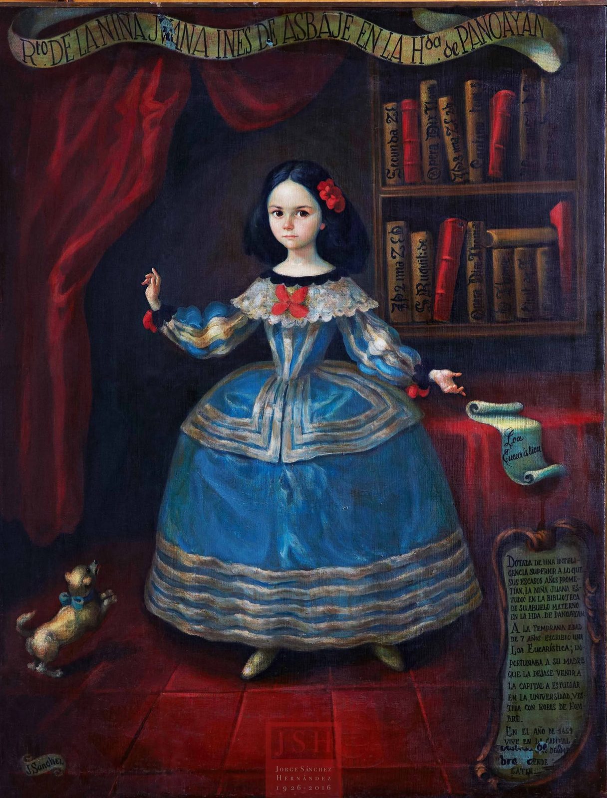 Niña con vestido azul de faldón ancho, de pie ante un librero lleno de volúmenes, con un perrito a los pies