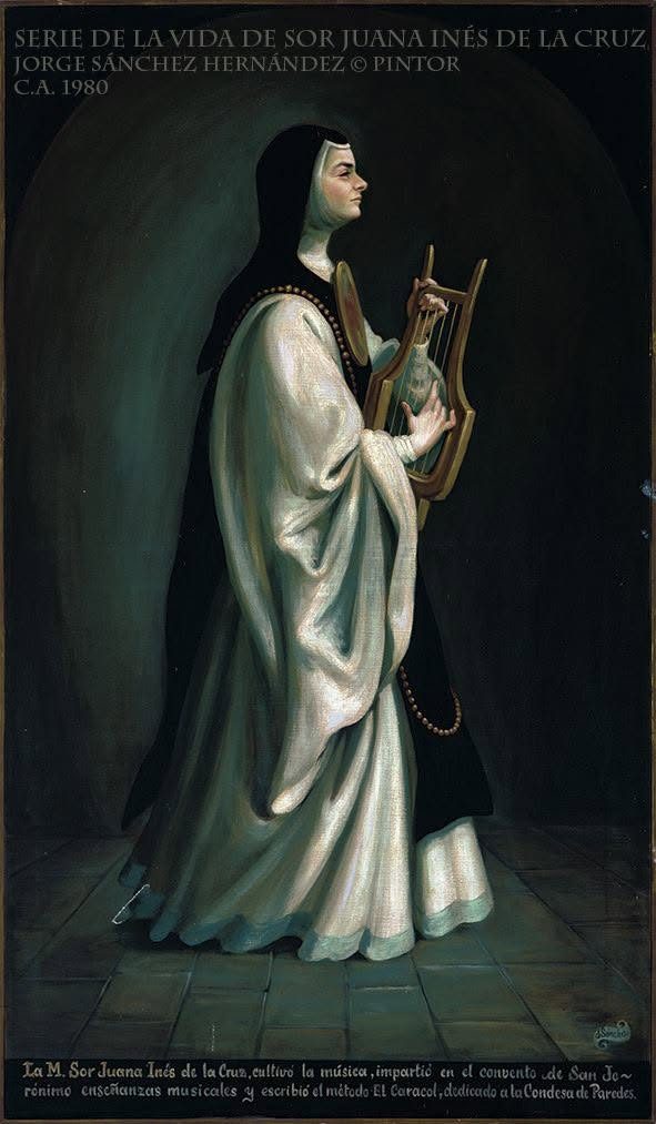 Sor Juana de pie sobre un enlosado de baldosas, sosteniendo un instrumento de cuerda contra el pecho