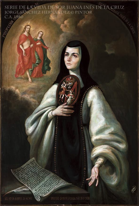 Sor Juana de pie con un rollo de papel desplegado a los pies y, arriba, dos santos entre nubes rojas