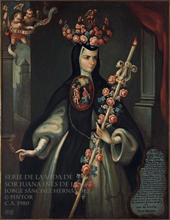 Monja de pie con una vara florecida en la mano y una corona de rosas sobre el velo, ante una columna y una ciudad