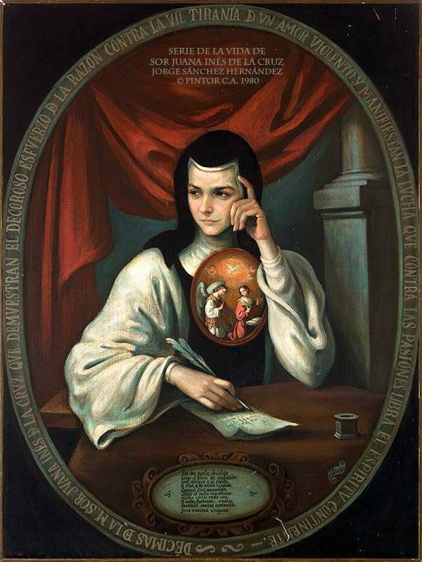 Retrato ovalado de Sor Juana apoyando la sien en la mano, con una esfera pintada al pecho y tintero sobre la mesa