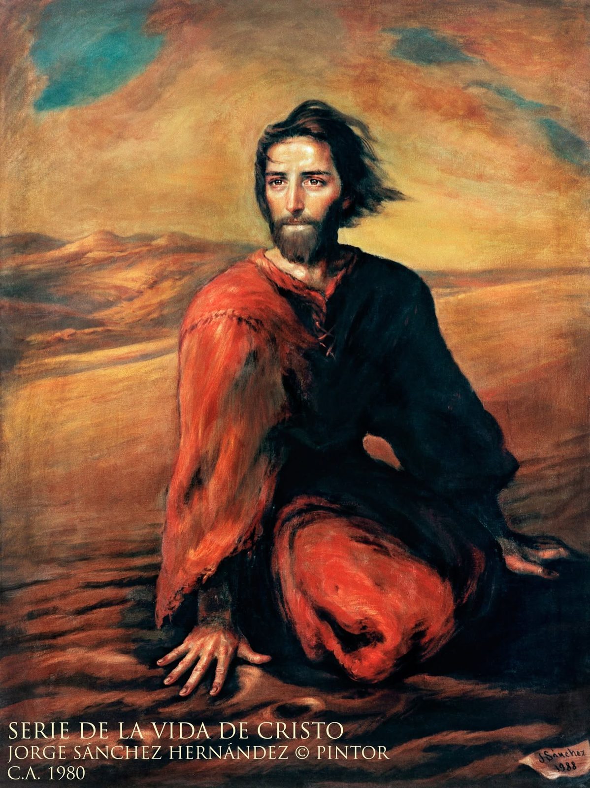 Cristo sentado sobre una roca con manto rojo y negro, las manos apoyadas al frente, bajo un cielo naranja