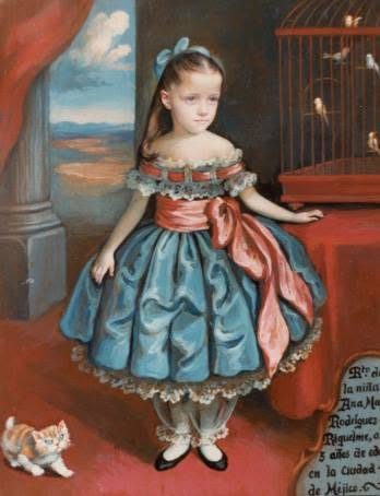 Niña con falda azul y lazo rosa junto a una mesa cubierta de rojo, con una jaula de pájaros a la derecha y un gatito abajo