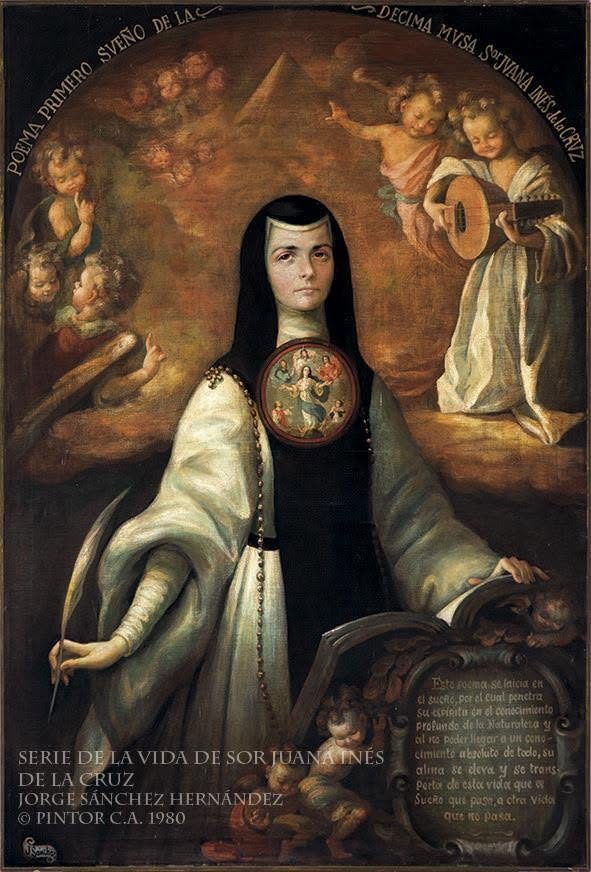 Sor Juana sentada de frente con el escudo de monja al pecho y, arriba, querubines con instrumentos musicales entre nubes
