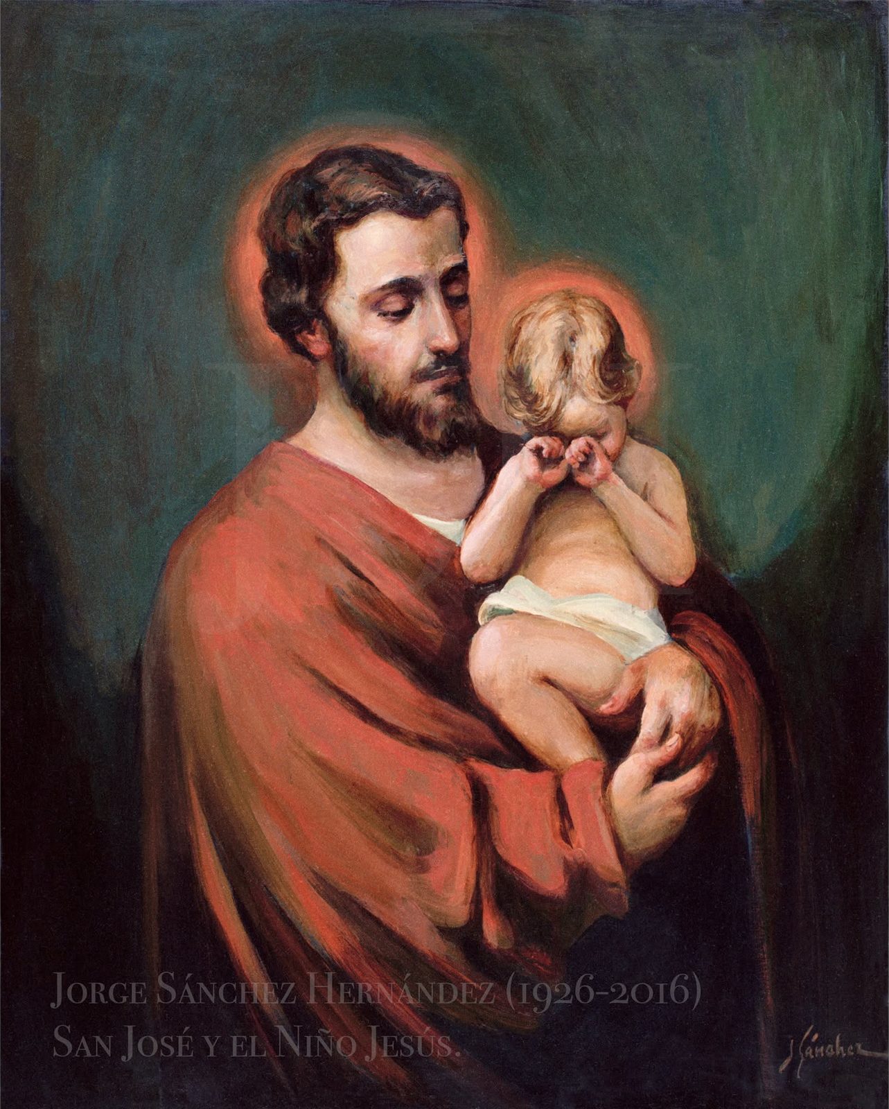 José, con barba y manto rojo, sostiene en brazos al niño desnudo, los dos de medio cuerpo sobre fondo oscuro