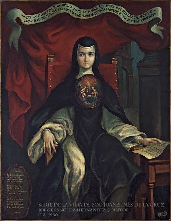 Sor Juana sentada ante un escritorio con papeles, bajo una cinta ondulante con el primer verso escrito